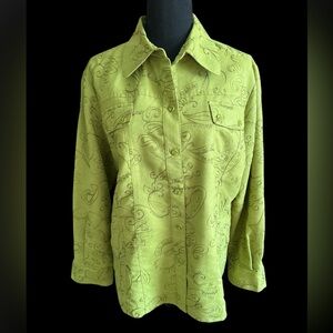Chicos Green Shacket Jacket Faux Suede Women’s Size 2 (L) Embroidered Paisley
